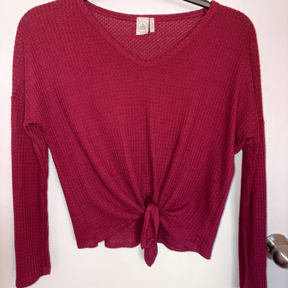 Paper Crane Red Ribbed Tie-Front Blouse